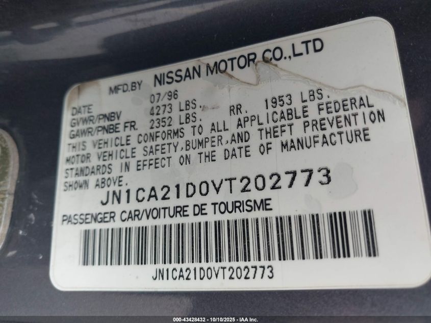 1997 Nissan Maxima Gle/Gxe/Se VIN: JN1CA21D0VT202773 Lot: 43428432
