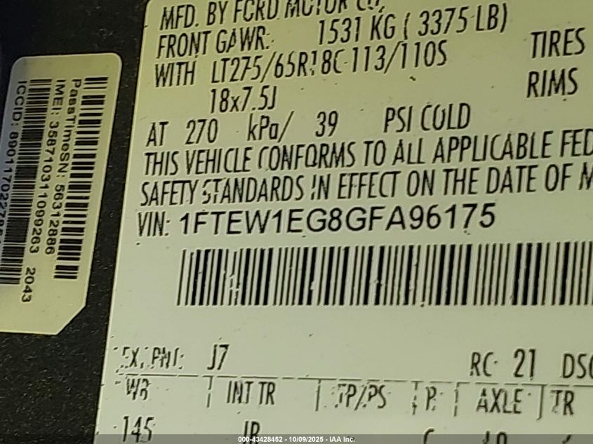 2016 Ford F-150 Xlt VIN: 1FTEW1EG8GFA96175 Lot: 43428452