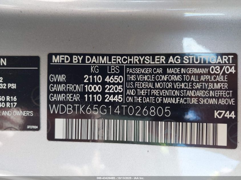 2004 Mercedes-Benz Clk 320 VIN: WDBTK65G14T026805 Lot: 43428469