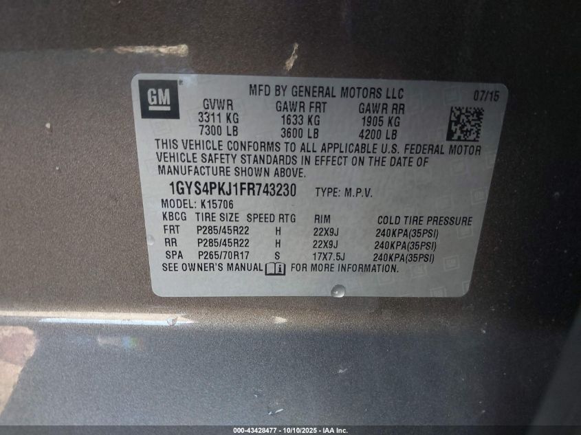 2015 Cadillac Escalade Platinum VIN: 1GYS4PKJ1FR743230 Lot: 43428477