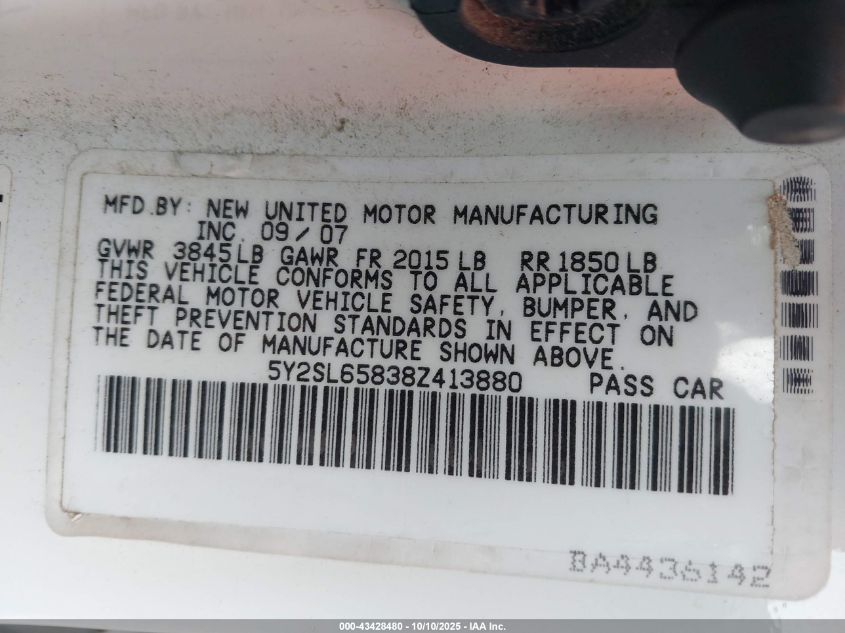 2008 Pontiac Vibe VIN: 5Y2SL65838Z413880 Lot: 43428480