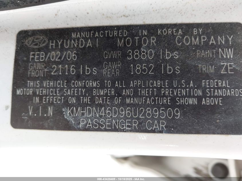 2006 Hyundai Elantra Gls/Limited VIN: KMHDN46D96U289509 Lot: 43428489