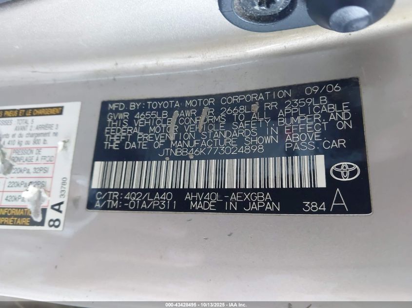 2007 Toyota Camry Hybrid VIN: JTNBB46K773024898 Lot: 43428495