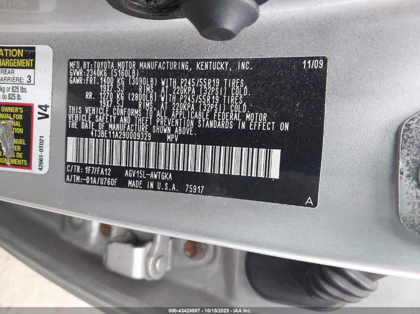 2009 Toyota Venza VIN: 4T3BE11A290009329 Lot: 43428507