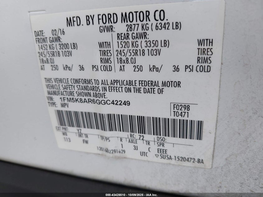 2016 FORD POLICE INTERCEPTOR 1FM5K8AR6GGC42249