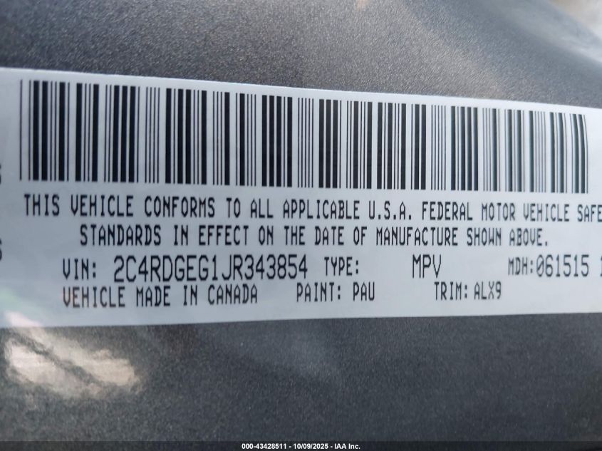 2018 Dodge Grand Caravan Gt VIN: 2C4RDGEG1JR343854 Lot: 43428511