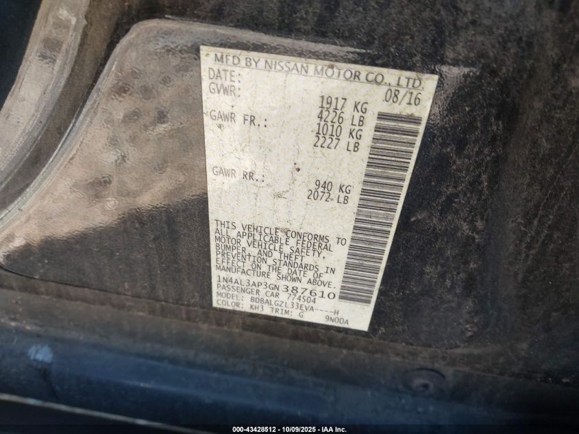 2016 Nissan Altima 2.5 S VIN: 1N4AL3AP3GN387610 Lot: 43428512