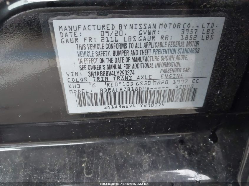 2020 Nissan Sentra S Xtronic Cvt VIN: 3N1AB8BV4LY290374 Lot: 43428513