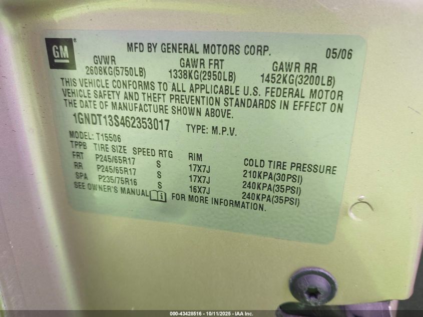 2006 Chevrolet Trailblazer Ls VIN: 1GNDT13S462353017 Lot: 43428516