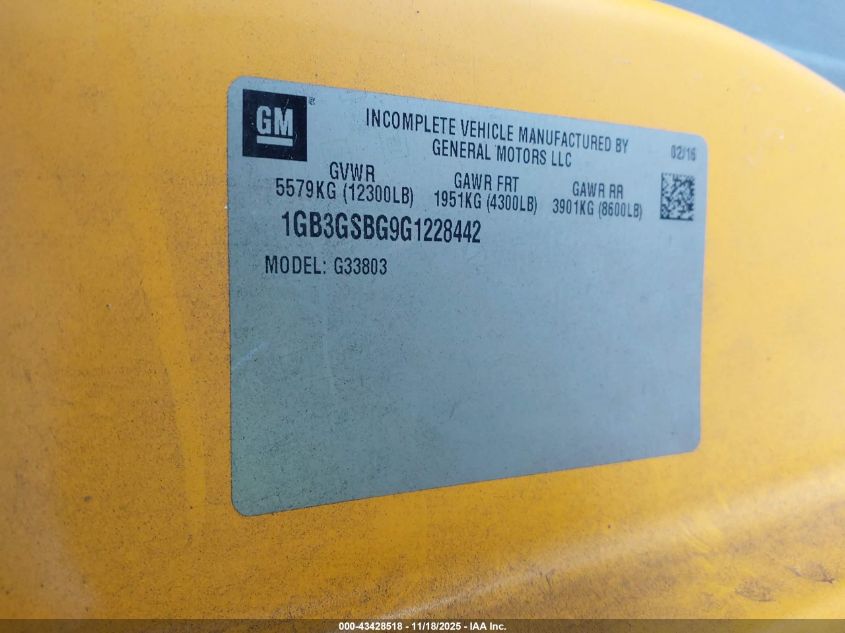 2016 Chevrolet Express Cutaway 3500 VIN: 1GB3GSBG9G1227442 Lot: 43428518