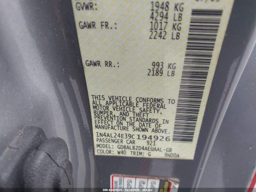 2009 Nissan Altima 2.5 S VIN: 1N4AL24E39C194926 Lot: 43428525