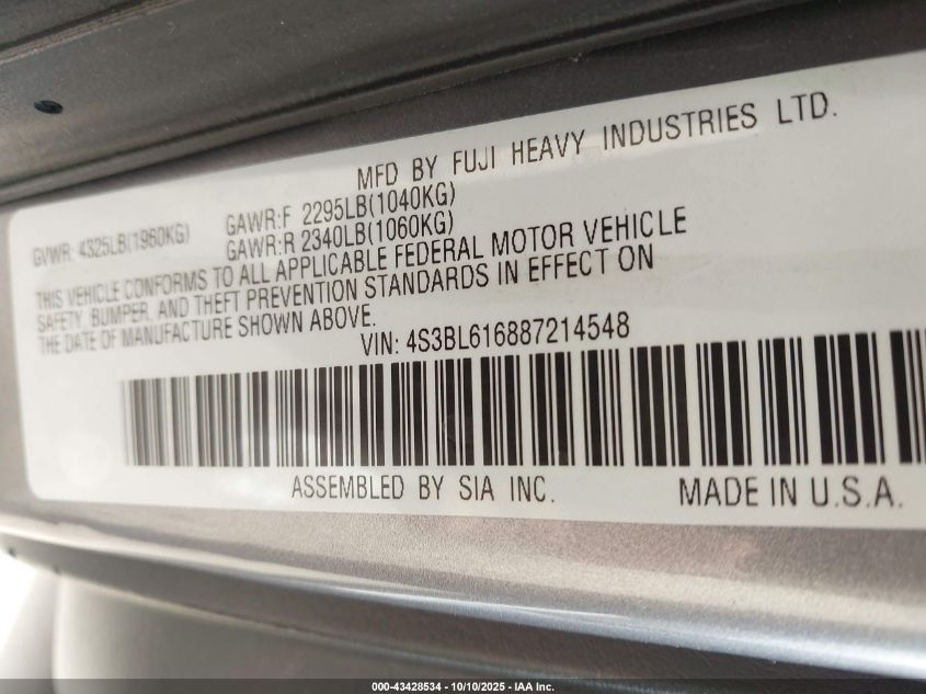 2008 Subaru Legacy 2.5I VIN: 4S3BL616887214548 Lot: 43428534