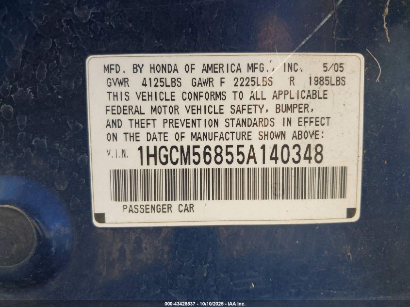 2005 Honda Accord 2.4 Ex VIN: 1HGCM56855A140348 Lot: 43428537