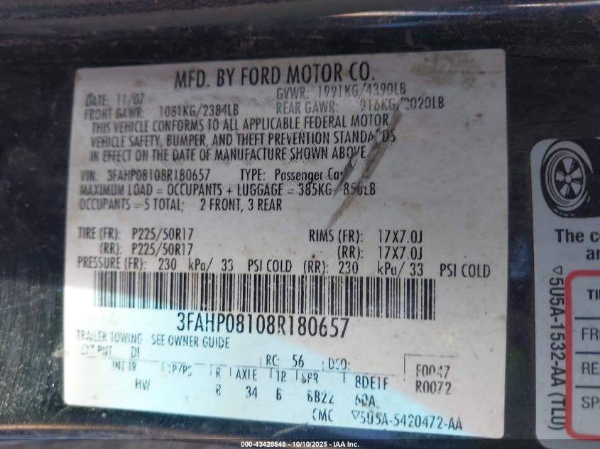 2008 Ford Fusion Sel VIN: 3FAHP08108R180657 Lot: 43428548