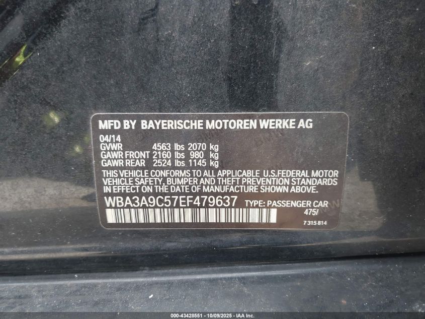 2014 BMW 335I VIN: WBA3A9C57EF479637 Lot: 43428551