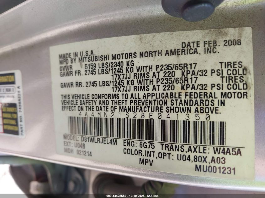 2008 Mitsubishi Endeavor Ls VIN: 4A4MN21S28E041350 Lot: 43428559