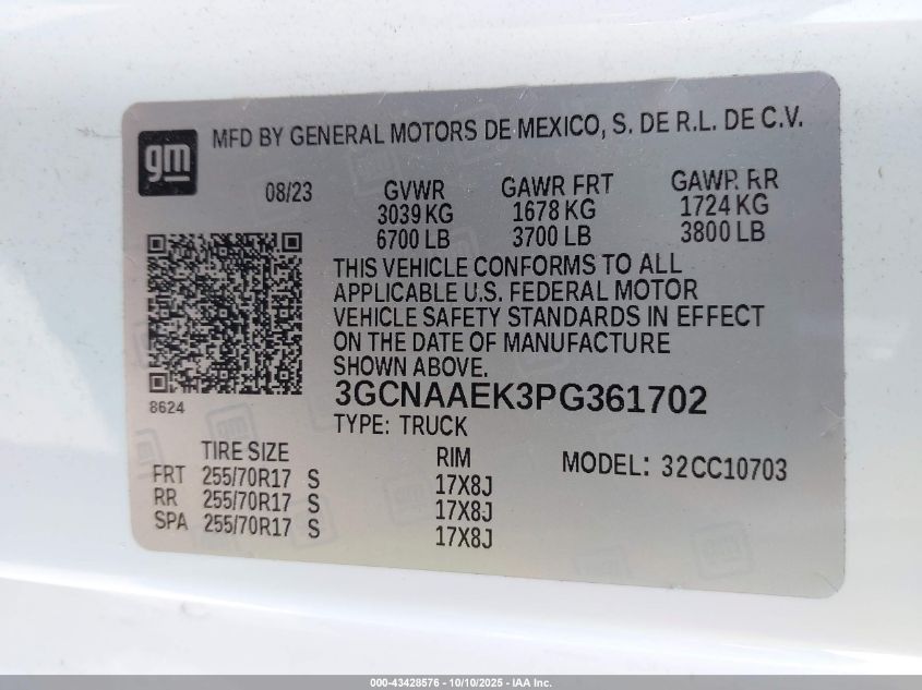 2023 Chevrolet Silverado 1500 2Wd Standard Bed Wt VIN: 3GCNAAEK3PG361702 Lot: 43428576