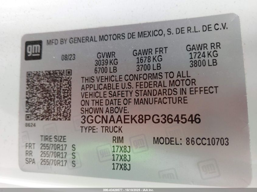 2023 Chevrolet Silverado C1500 VIN: 3GCNAAEK8PG364546 Lot: 43428577