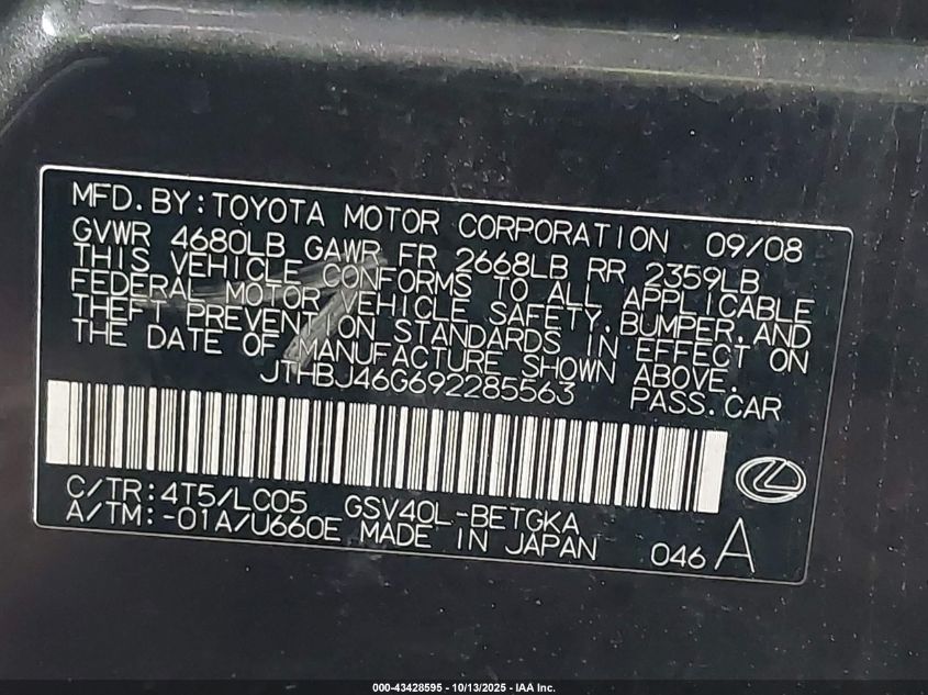 2009 Lexus Es 350 VIN: JTHBJ46G692285563 Lot: 43428595