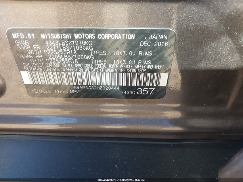 2017 Mitsubishi Outlander Sport 2.4 Se VIN: JA4AR3AW2HZ020444 Lot: 43428601