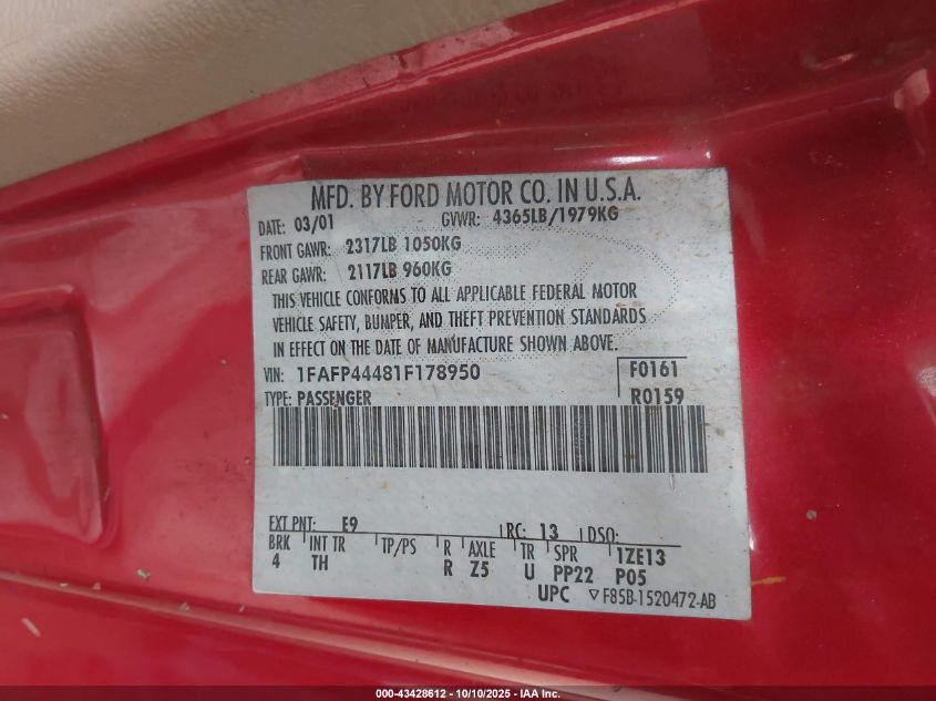 2001 Ford Mustang VIN: 1FAFP44481F178950 Lot: 43428612