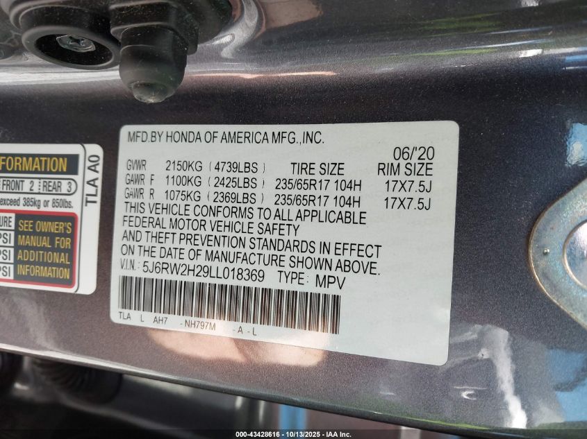 2020 Honda Cr-V Awd Lx VIN: 5J6RW2H29LL018369 Lot: 43428616