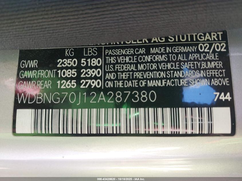 2002 Mercedes-Benz S 430 VIN: WDBNG70J12A287380 Lot: 43428620