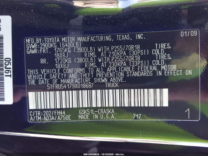 2009 Toyota Tundra Grade V6 VIN: 5TFRU54179X018687 Lot: 43428624