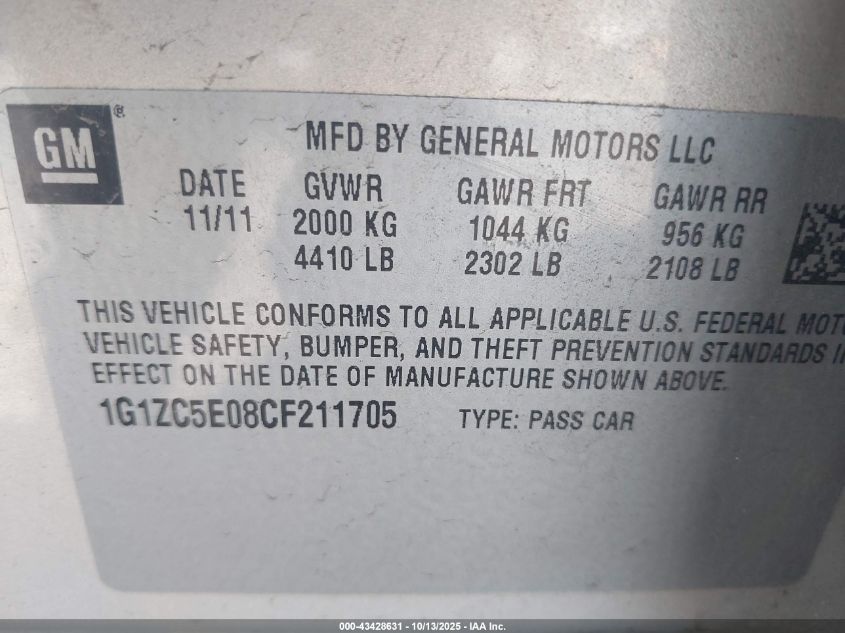 2012 Chevrolet Malibu 1Lt VIN: 1G1ZC5E08CF211705 Lot: 43428631