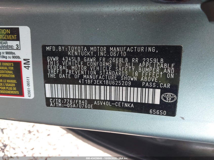 2011 Toyota Camry Le VIN: 4T1BF3EK1BU625209 Lot: 43428646