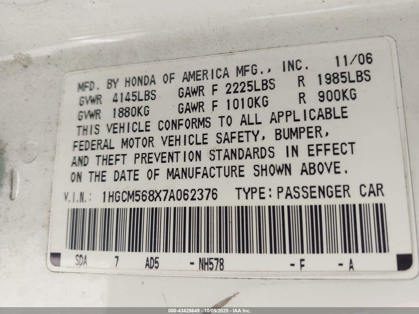 1HGCM568X7A062376 2007 HONDA ACCORD photo no. 9