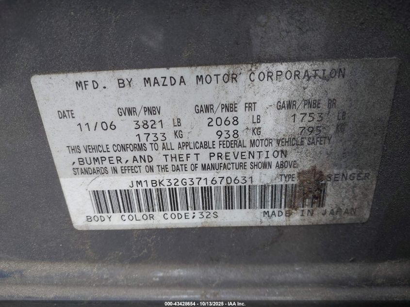 2007 Mazda Mazda3 I VIN: JM1BK32G371670631 Lot: 43428654