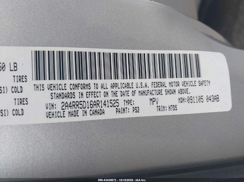 2010 Chrysler Town & Country Touring VIN: 2A4RR5D16AR141525 Lot: 43428672