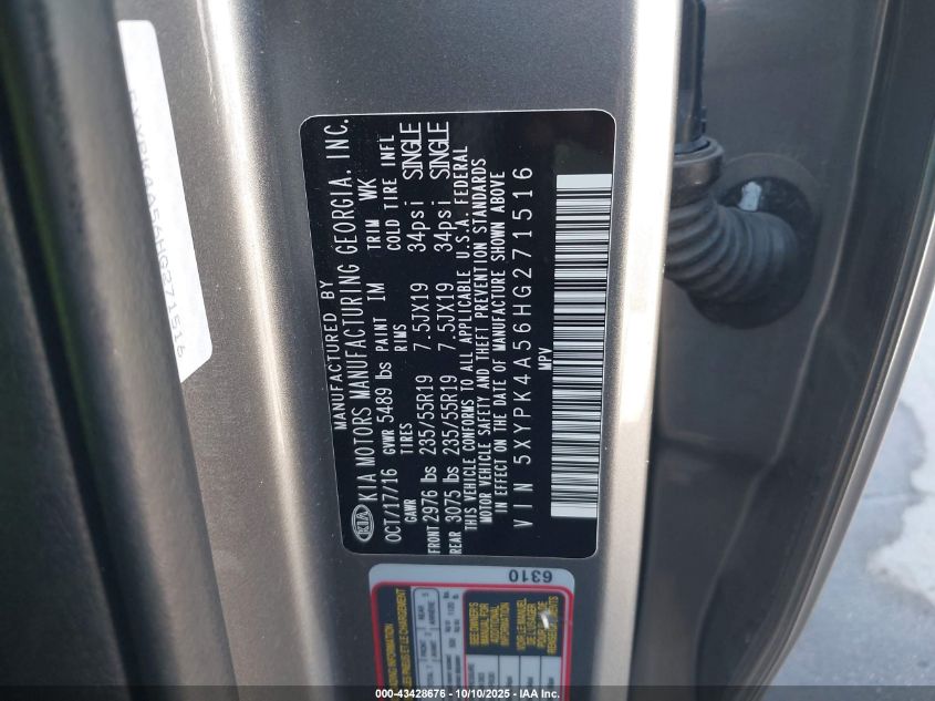 2017 Kia Sorento 3.3L Sxl VIN: 5XYPK4A56HG271516 Lot: 43428676