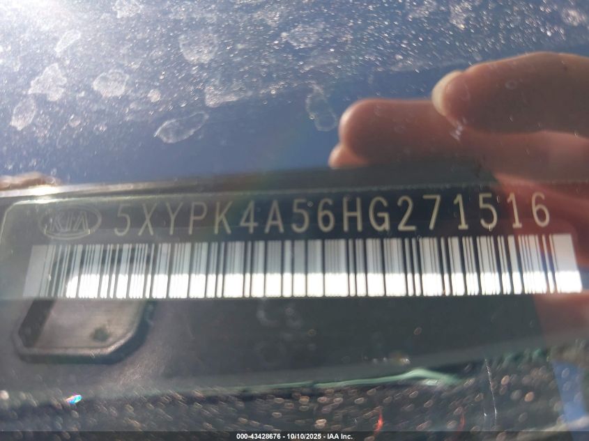 2017 Kia Sorento 3.3L Sxl VIN: 5XYPK4A56HG271516 Lot: 43428676