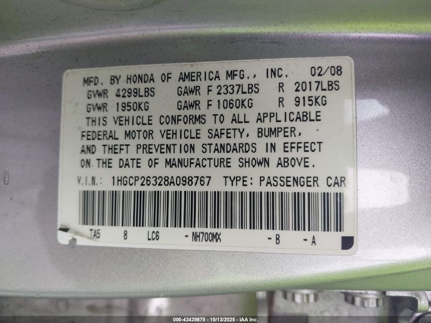 2008 Honda Accord 2.4 Lx VIN: 1HGCP26328A098767 Lot: 43428678
