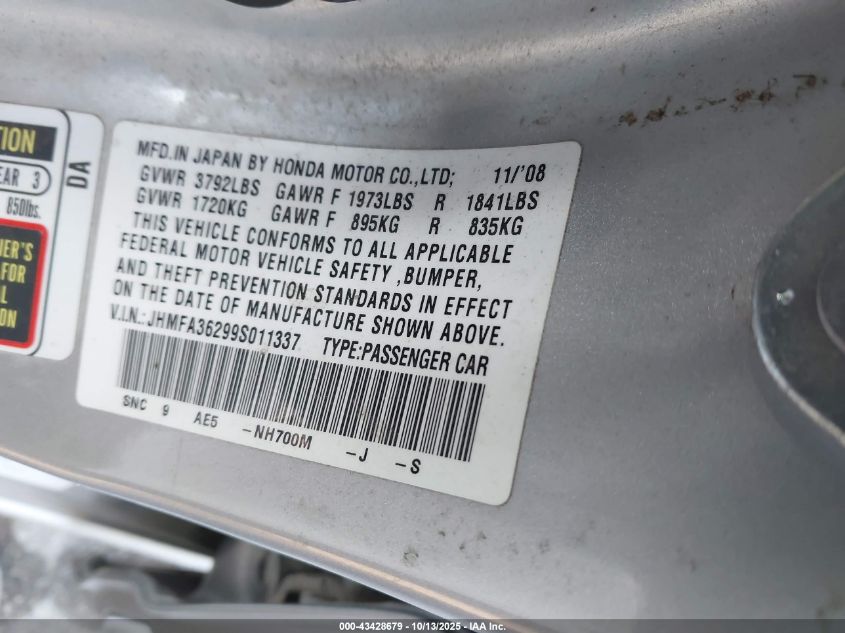 2009 Honda Civic Hybrid VIN: JHMFA36299S011337 Lot: 43428679
