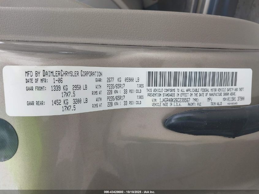 2006 Jeep Grand Cherokee Laredo VIN: 1J4GR48K26C239567 Lot: 43428680