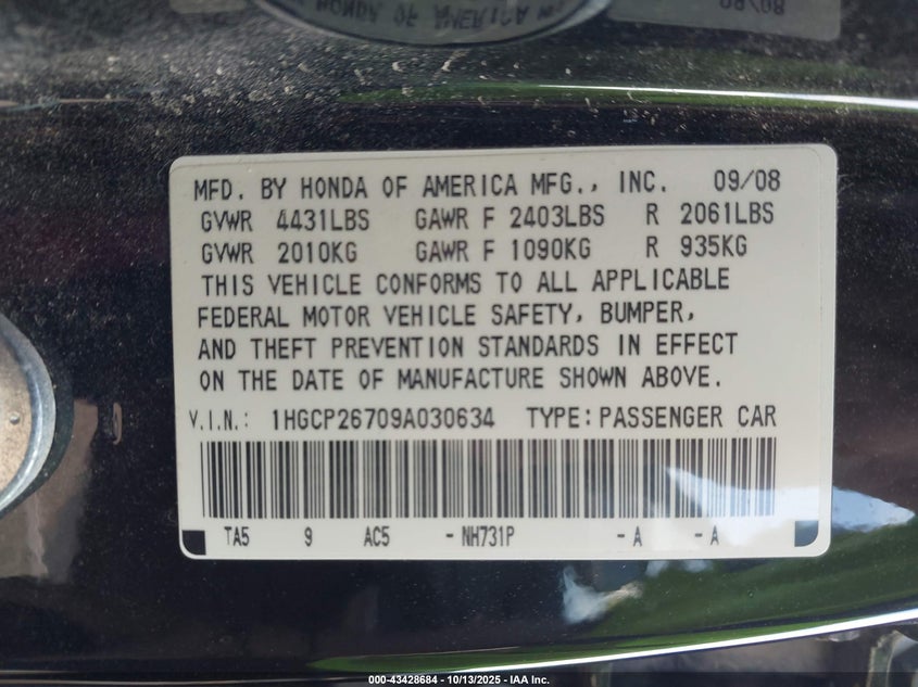 1HGCP26709A030634 2009 HONDA ACCORD photo no. 9