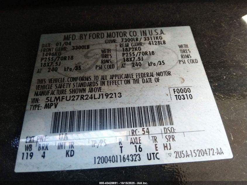2004 Lincoln Navigator VIN: 5LMFU27R24LJ19213 Lot: 43428691