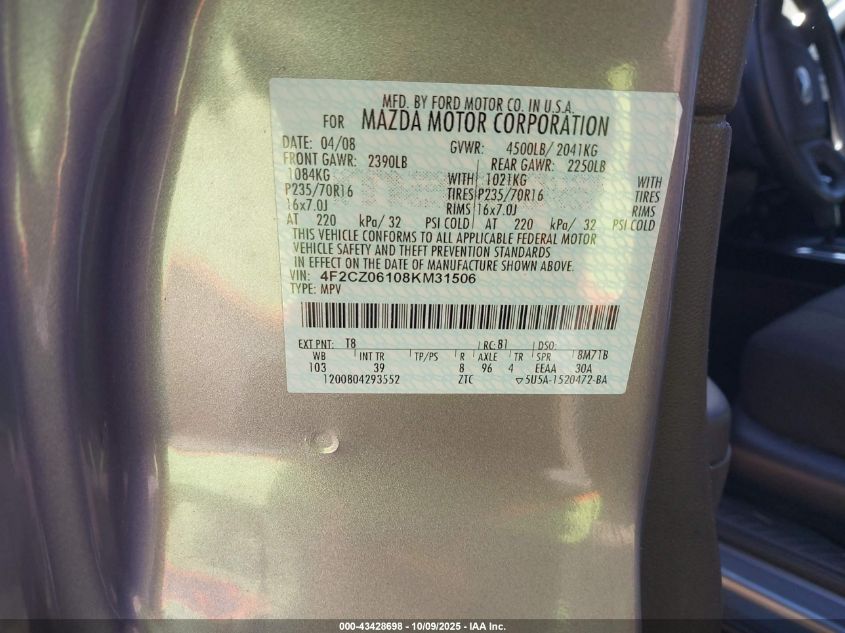 2008 Mazda Tribute S Touring VIN: 4F2CZ06108KM31506 Lot: 43428698