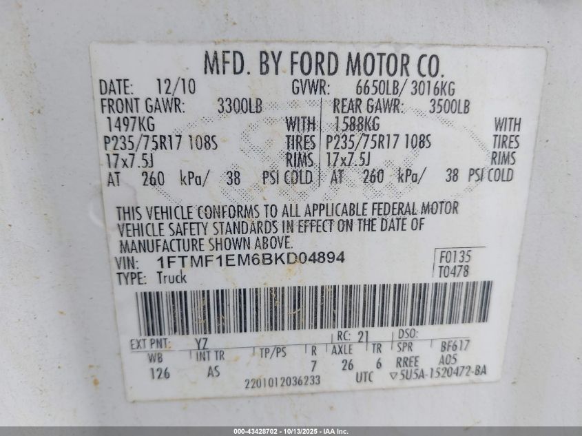 2011 Ford F-150 Xl VIN: 1FTMF1EM6BKD04894 Lot: 43428702