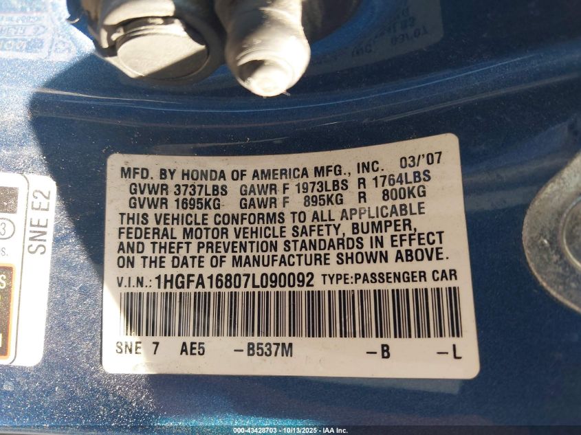 2007 Honda Civic Ex VIN: 1HGFA16807L090092 Lot: 43428703