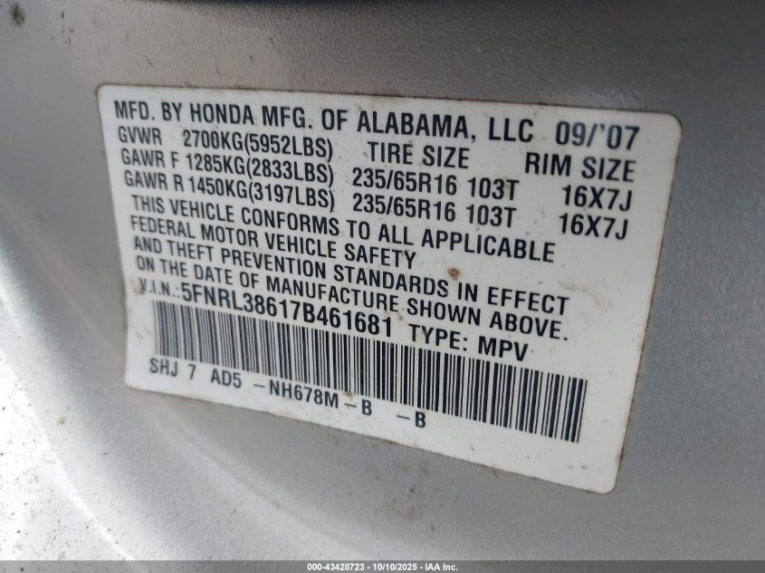 2007 Honda Odyssey Ex-L VIN: 5FNRL38617B461681 Lot: 43428723