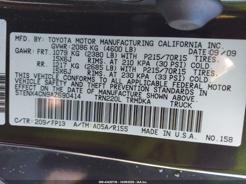 2010 Toyota Tacoma VIN: 5TENX4CN9AZ690414 Lot: 43428736