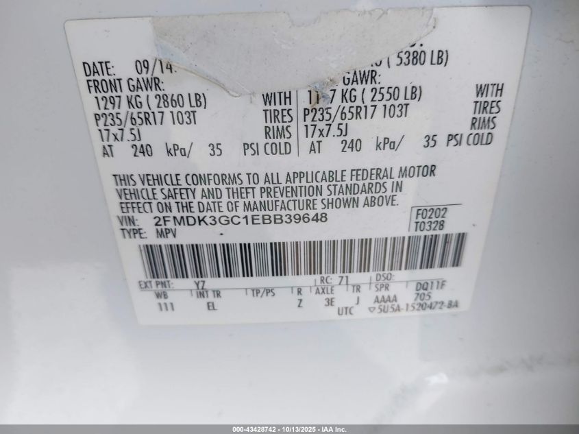 2014 Ford Edge Se VIN: 2FMDK3GC1EBB39648 Lot: 43428742