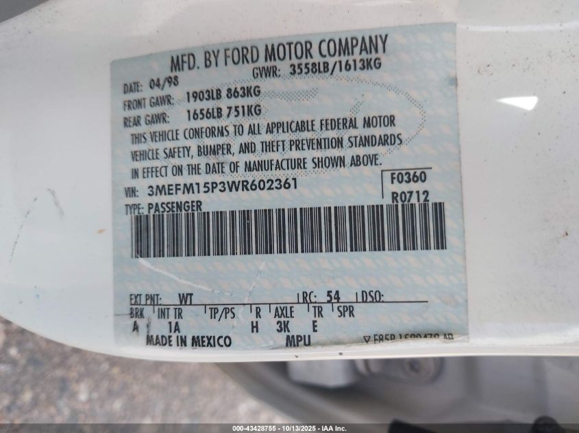 1998 Mercury Tracer Ls VIN: 3MEFM15P3WR602361 Lot: 43428755