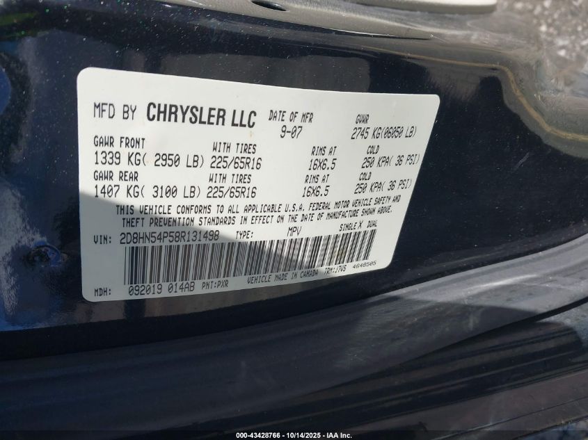 2008 Dodge Grand Caravan Sxt VIN: 2D8HN54P58R131498 Lot: 43428766