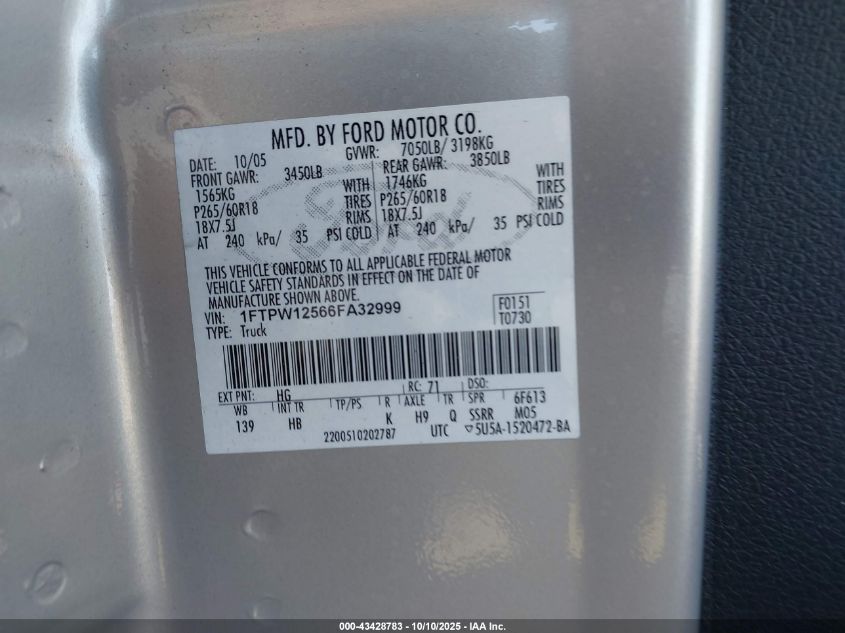 2006 Ford F-150 Lariat/Xlt VIN: 1FTPW12566FA32999 Lot: 43428783