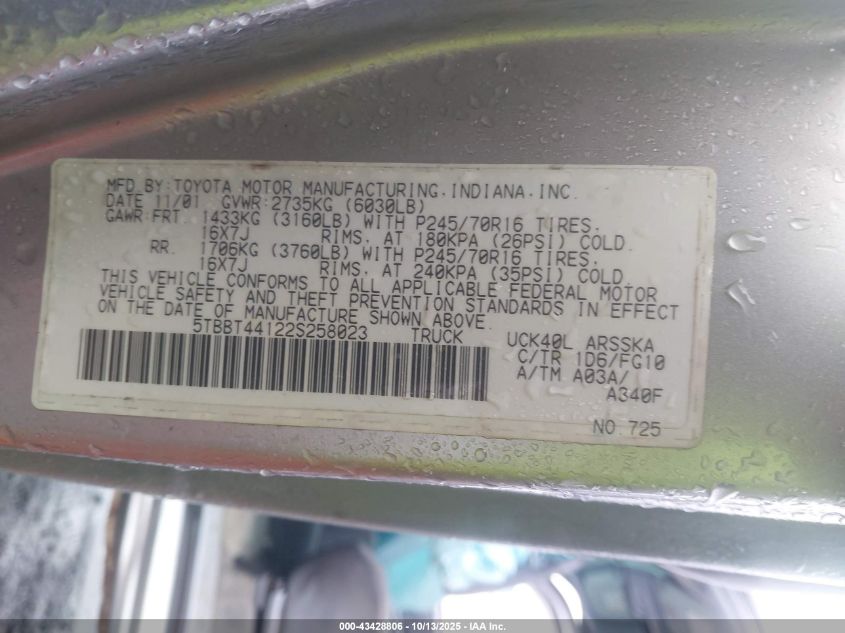 2002 Toyota Tundra Sr5 V8 VIN: 5TBBT44122S258023 Lot: 43428806